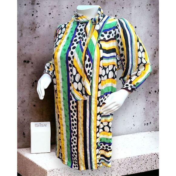 VINTAGE 80'S ADELE SIMPSON MULTI PRINT MOD DRESS Sz 16 - Picture 2 of 11